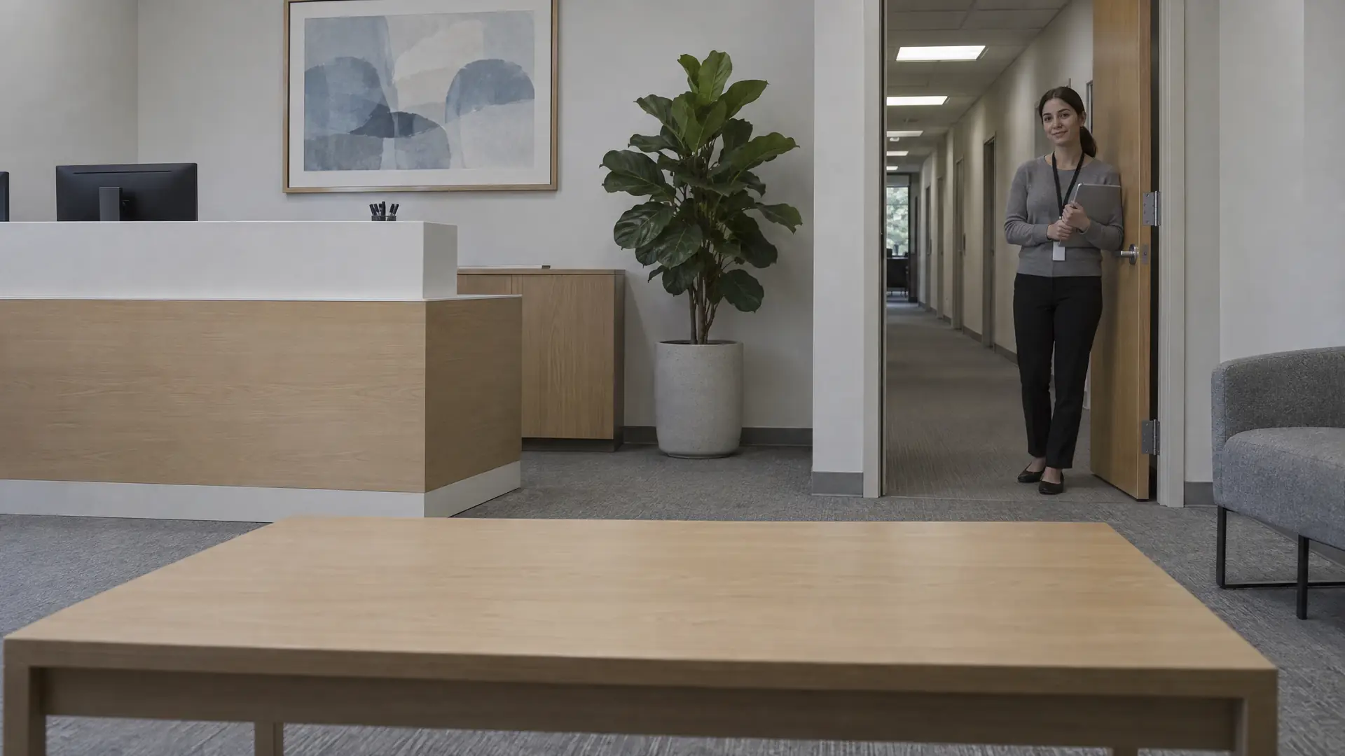 A reception area. Someone is standing in the doorway to the hall.