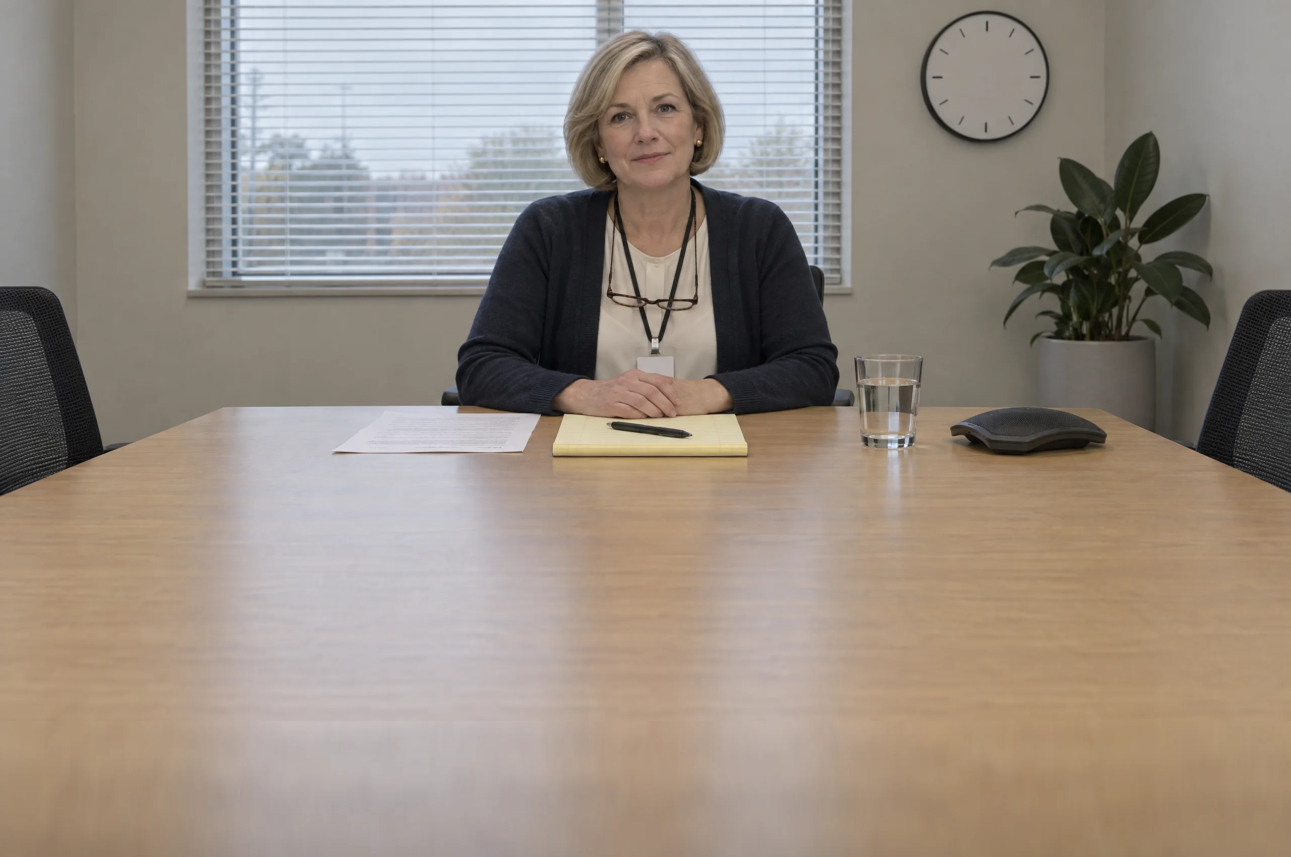 A small conference room. The interviewer sits across the table with a résumé, a legal pad, a pen and a glass of water.